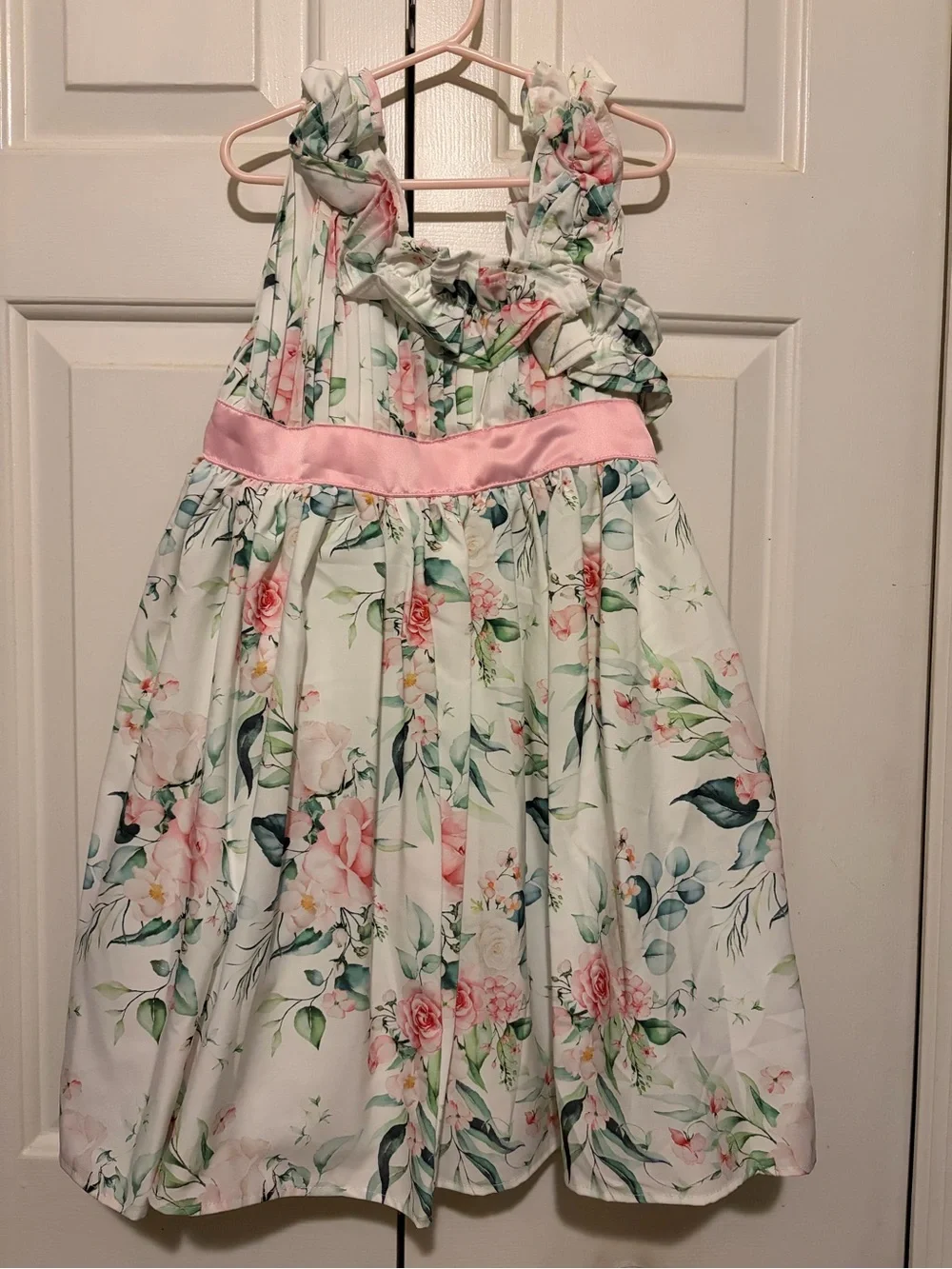 Girls White Floral Ruffle Strap Special Occasion Dress with Pink Sash